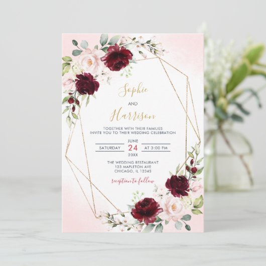 Geometrische Bourgogne en Blush Floral Wedding Kaart (Staand voorkant)