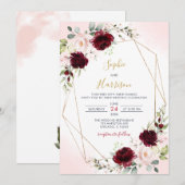 Geometrische Bourgogne en Blush Floral Wedding Kaart (Voorkant / Achterkant)