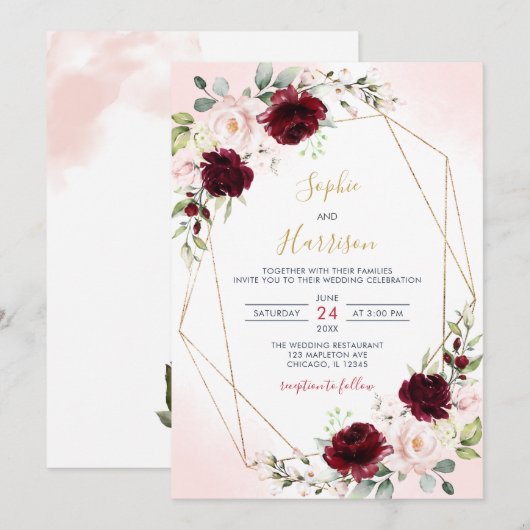 Geometrische Bourgogne en Blush Floral Wedding Kaart (Voorkant / Achterkant)