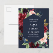 Geometrische Bourgogne en marineblauw sparen de da Aankondigingskaart (Voorkant / Achterkant)