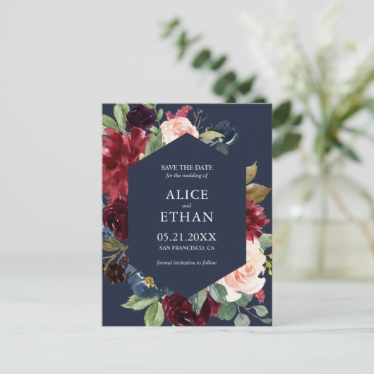 Geometrische Bourgogne en marineblauw sparen de da Aankondigingskaart (Staand voorkant)