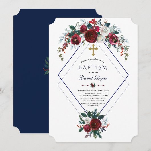 Geometrische Bourgogne Floral Pine Navy Blue Bapti Kaart (Voorkant / Achterkant)