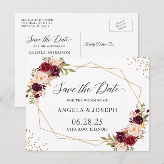 Geometrische Bourgogne Red Floral bespaart de datu Briefkaart (Voorkant / Achterkant)