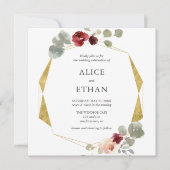 Geometrische Bourgondische bloem en groen bruiloft Kaart (Voorkant)