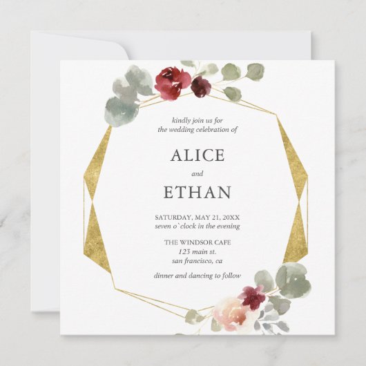 Geometrische Bourgondische bloem en groen bruiloft Kaart (Voorkant)