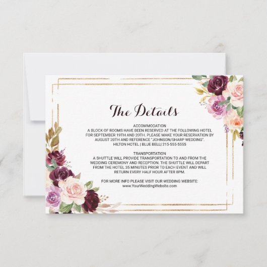 Geometrische Bourgondische bruiloft Details invoeg Kaart (Voorkant)