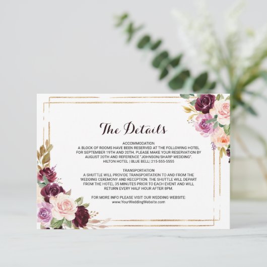 Geometrische Bourgondische bruiloft Details invoeg Kaart (Staand voorkant)