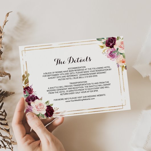 Geometrische Bourgondische bruiloft Details invoeg Kaart