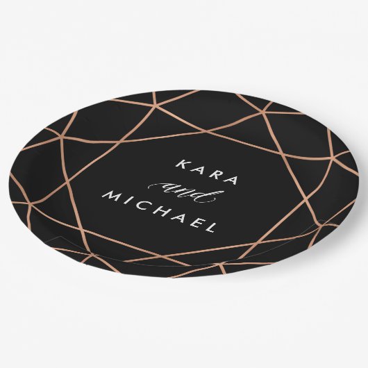 Geometrische bruiloft | Faux Roos Gold op zwart Papieren Bordje (Gekanteld)
