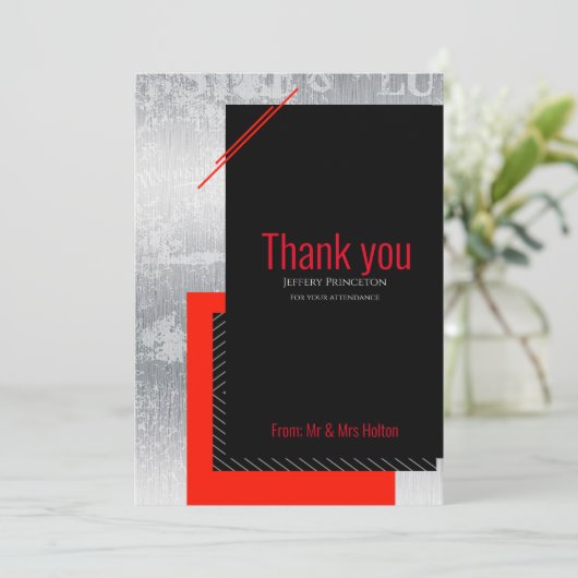 Geometrische bruiloft rood, zwart, grijs, witte st bedankkaart (Staand voorkant)