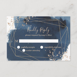 Geometrische bruiloft RSVP in marine en goud Kaartje