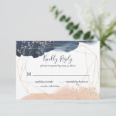 Geometrische bruiloft RSVP in marine, goud en blos (Staand voorkant)
