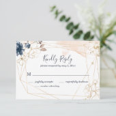 Geometrische bruiloft RSVP in marine, goud en blos (Staand voorkant)