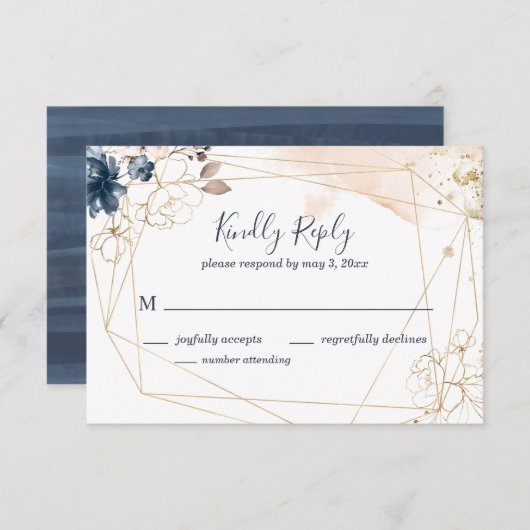 Geometrische bruiloft RSVP in marine, goud en blos (Voorkant / Achterkant)