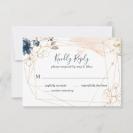 Geometrische bruiloft RSVP in marine, goud en blos Kaartje