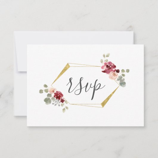 Geometrische bruiloft RSVP met burgundy bloem en e (Voorkant)