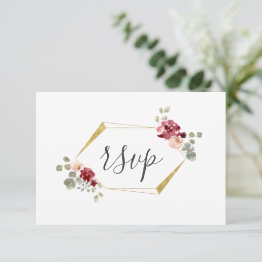 Geometrische bruiloft RSVP met burgundy bloem en e (Staand voorkant)