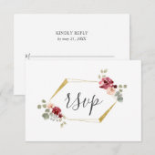 Geometrische bruiloft RSVP met burgundy bloem en e (Voorkant / Achterkant)