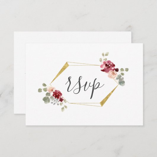 Geometrische bruiloft RSVP met burgundy bloem en e (Voorkant / Achterkant)