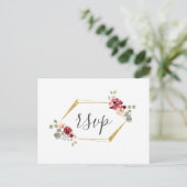 Geometrische bruiloft RSVP met burgundy bloem en e Uitnodiging Briefkaart (Staand voorkant)