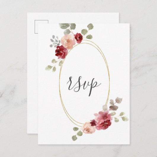 Geometrische bruiloft RSVP met burgundy bloem en e Uitnodiging Briefkaart (Voorkant / Achterkant)