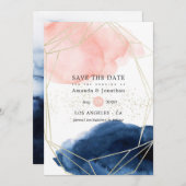 Geometrische bruiloft van de marine en Blush Water Save The Date (Voorkant / Achterkant)