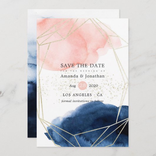 Geometrische bruiloft van de marine en Blush Water Save The Date (Voorkant / Achterkant)