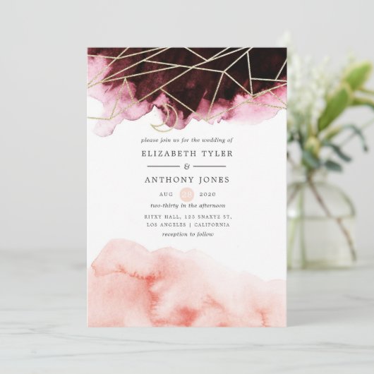 Geometrische bruiloft van de Waterverf Burgundy en Kaart (Staand voorkant)