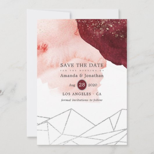 Geometrische bruiloft van de Waterverf Burgundy en Save The Date (Voorkant)