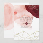 Geometrische bruiloft van de Waterverf Burgundy en Save The Date (Voorkant / Achterkant)