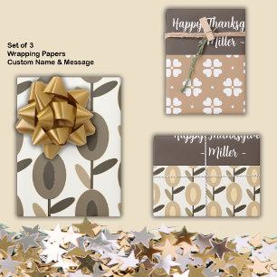 Geometrische bruine bloemen aangepaste naam inpakpapier vel