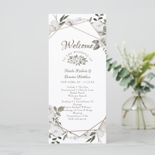 Geometrische Cherish White Floral bruiloft ceremon Programmakaart (Staand voorkant)