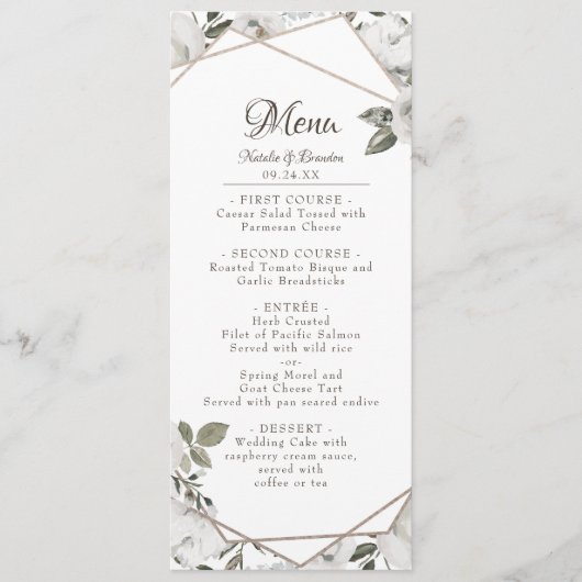 Geometrische Cherish Witte Bloemmotief & Roze Goud Menu (Voorkant)