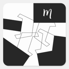 Geometrische chique zwart-wit patroon met monogram vierkante sticker