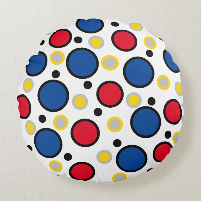 Geometrische Cirkels Rood Blauw Zilver Goud Rond Kussen (Voorkant)