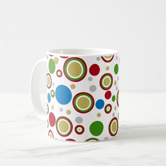 Geometrische cirkels rood groen blauw zilver goud koffiemok (Voorkant links)