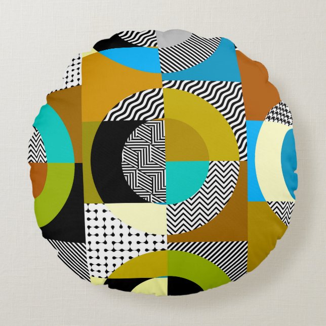 Geometrische collage: cirkels,  patroon. rond kussen (Voorkant)