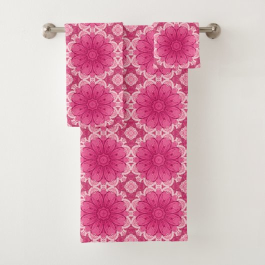 Geometrische Daisy Pattern in Coral and Pastel Pin Bad Handdoek (Insitu)