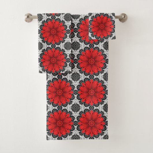 Geometrische Daisy Pattern in Red Black & White Bad Handdoek (Insitu)