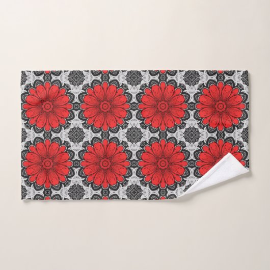 Geometrische Daisy Pattern in Red Black & White Bad Handdoek (Handdoek)