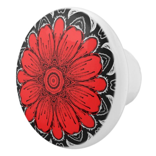 Geometrische Daisy Pattern in Red Black & White Keramische Knop (Rechts)