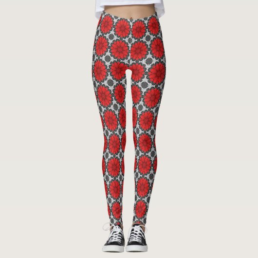 Geometrische Daisy Pattern in Red Black & White Leggings (Voorkant)