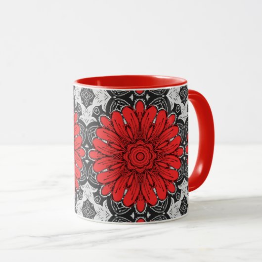 Geometrische Daisy Pattern in Red Black & White Mok (Voorkant rechts)
