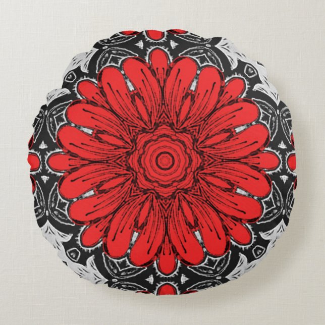 Geometrische Daisy Pattern in Red Black & White Rond Kussen (Voorkant)