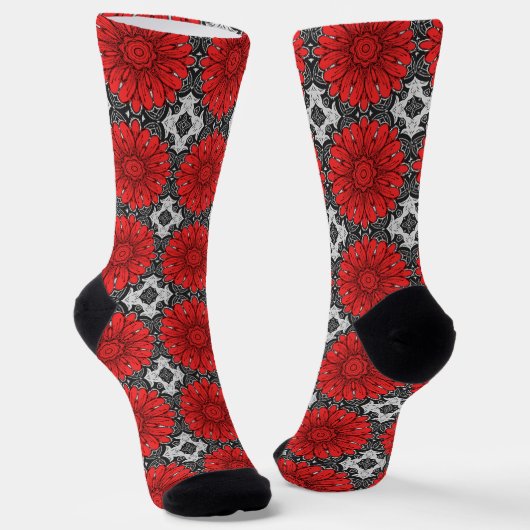 Geometrische Daisy Pattern in Red Black & White Sokken (Gebogen)