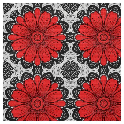 Geometrische Daisy Pattern in Red Black & White Stof (Swatch)