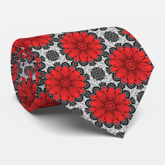 Geometrische Daisy Pattern in Red Black & White Stropdas (Opgerold)
