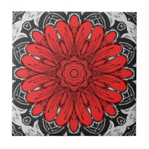 Geometrische Daisy Pattern in Red Black & White Tegeltje