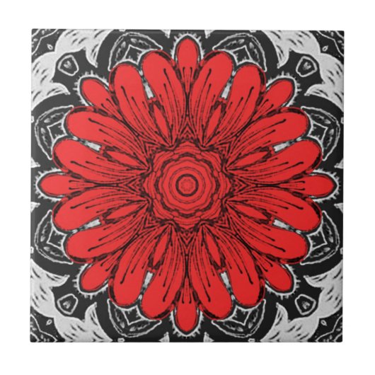 Geometrische Daisy Pattern in Red Black & White Tegeltje (Voorkant)