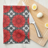 Geometrische Daisy Pattern in Red Black & White Theedoek (Quarter Fold)